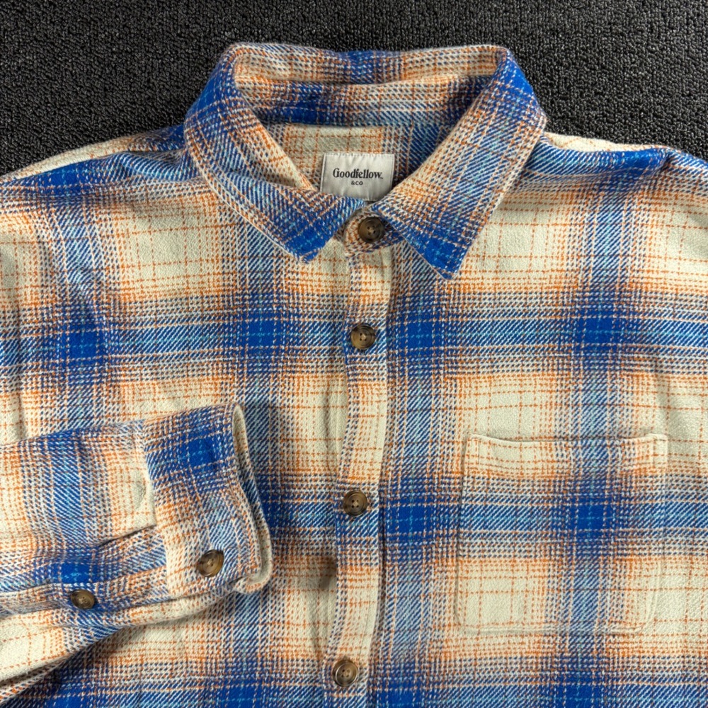 Goodfellow & Co Flannel Shacket Mens 2XL Blue Orange Plaid Cotton Shirt Jacket